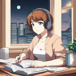 A manga-style girl with short brown hair studying in her room at night