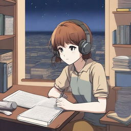 A manga-style girl with short brown hair is studying in her room at night