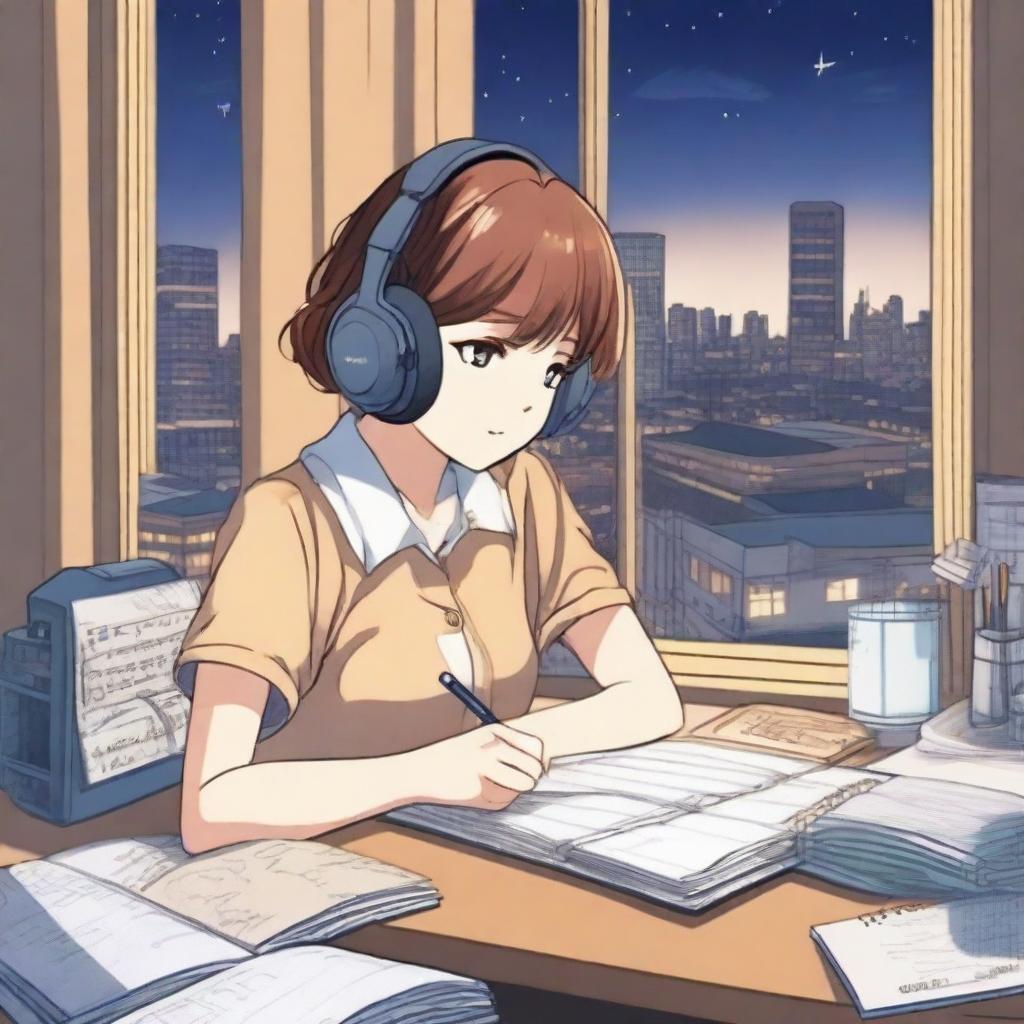 A manga-style girl with short brown hair is studying in her room at night