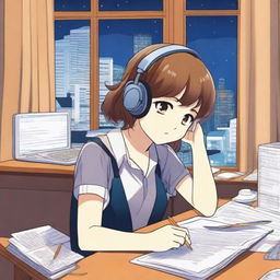 A manga-style girl with short brown hair is studying in her room at night