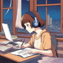 A manga-style girl with short brown hair is studying in her room at night