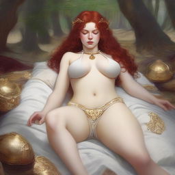 A realistic, full-body depiction of a beautiful, buxom, wavy red-haired, fair-skinned priestess in white bikini armor with gold trim