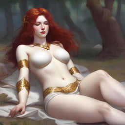 A realistic, full-body depiction of a beautiful, buxom, wavy red-haired, fair-skinned priestess in white bikini armor with gold trim