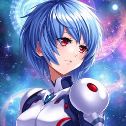 A stunning and detailed illustration of Rei Ayanami from Evangelion, depicted as a waifu character with a cosmic, galaxy-themed background