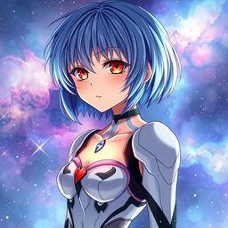 A stunning and detailed illustration of Rei Ayanami from Evangelion, depicted as a waifu character with a cosmic, galaxy-themed background