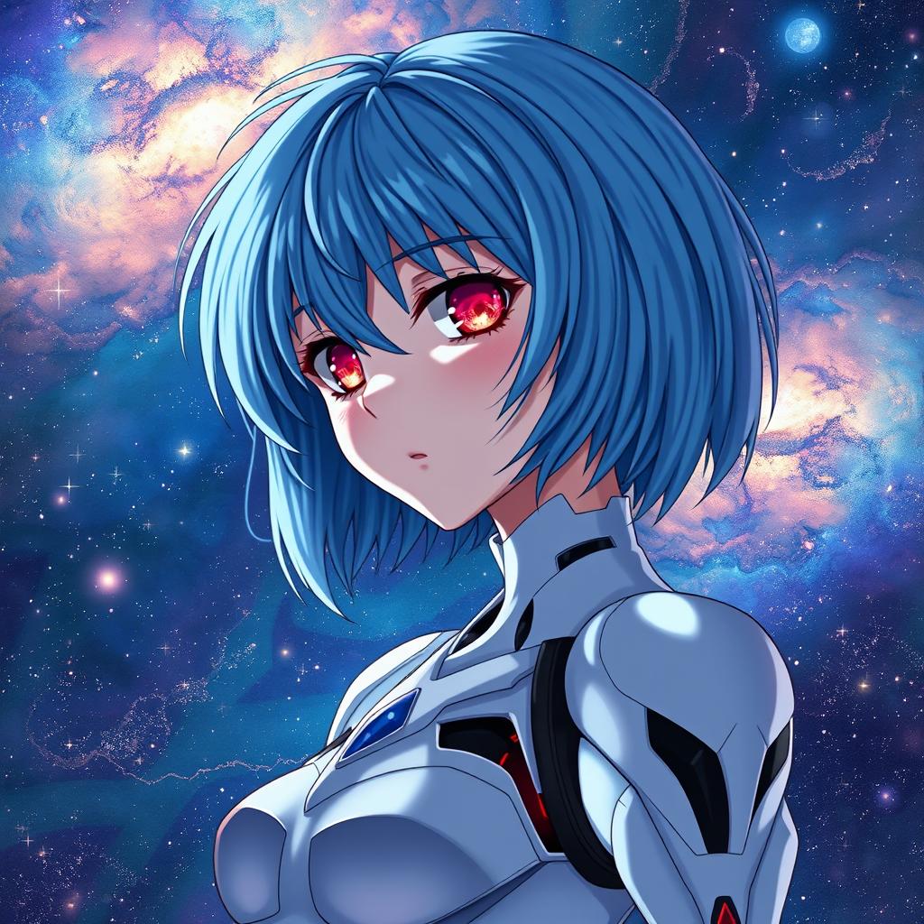 A stunning and detailed illustration of Rei Ayanami from Evangelion, depicted as a waifu character with a cosmic, galaxy-themed background