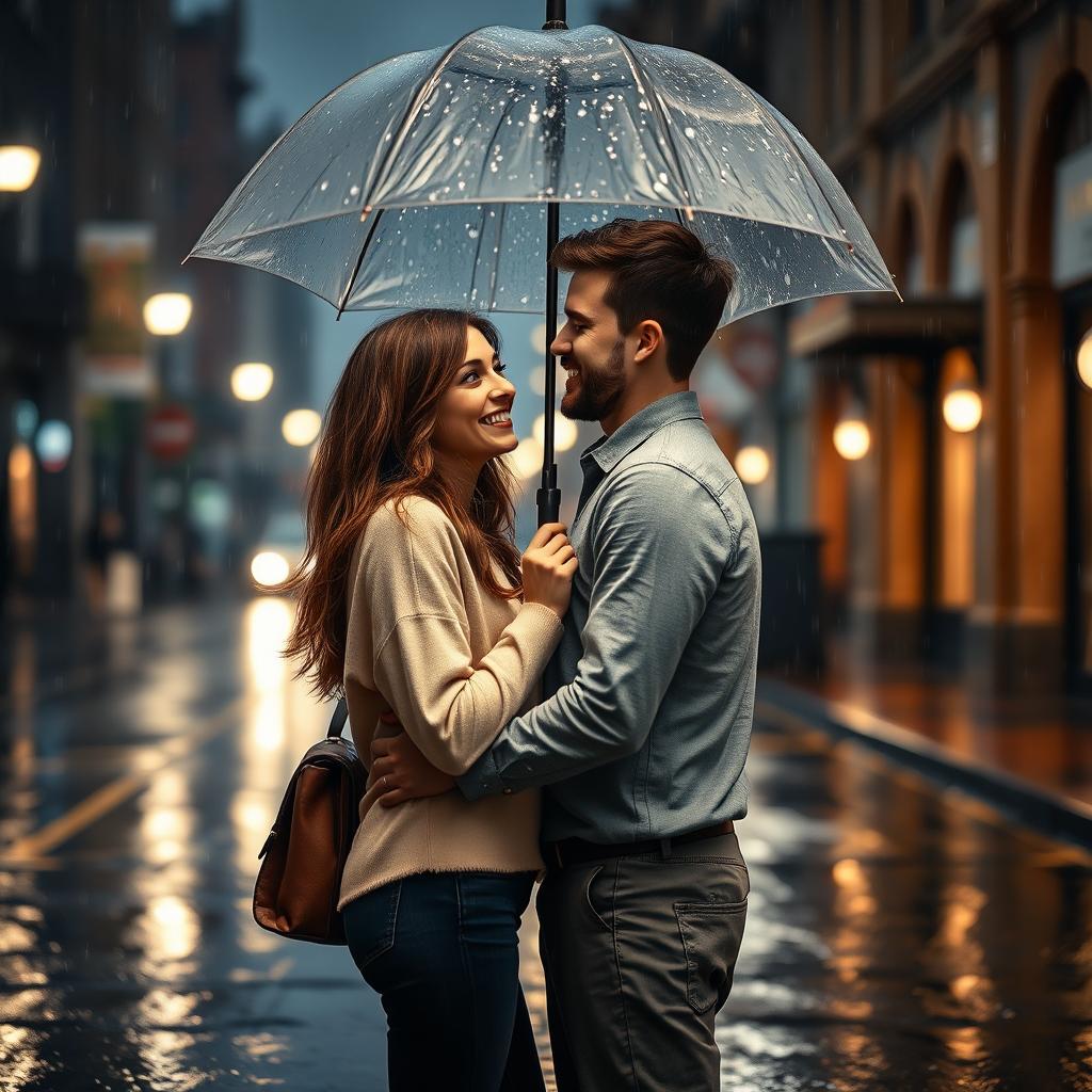 A romantic scene of a young couple standing under an umbrella in the rain