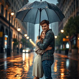 A romantic scene of a young couple standing under an umbrella in the rain