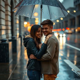 A romantic scene of a young couple standing under an umbrella in the rain