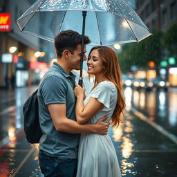 A romantic scene of a young couple standing under an umbrella in the rain