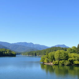 A serene landscape featuring a calm lake surrounded by lush green trees and mountains in the background under a clear blue sky