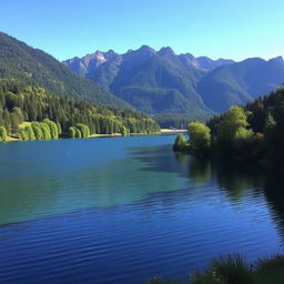 A serene landscape featuring a calm lake surrounded by lush green trees and mountains in the background under a clear blue sky