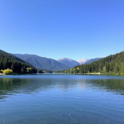 A serene landscape featuring a calm lake surrounded by lush green trees and mountains in the background under a clear blue sky