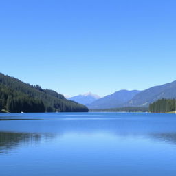 A serene landscape featuring a calm lake surrounded by lush green trees and mountains in the background under a clear blue sky