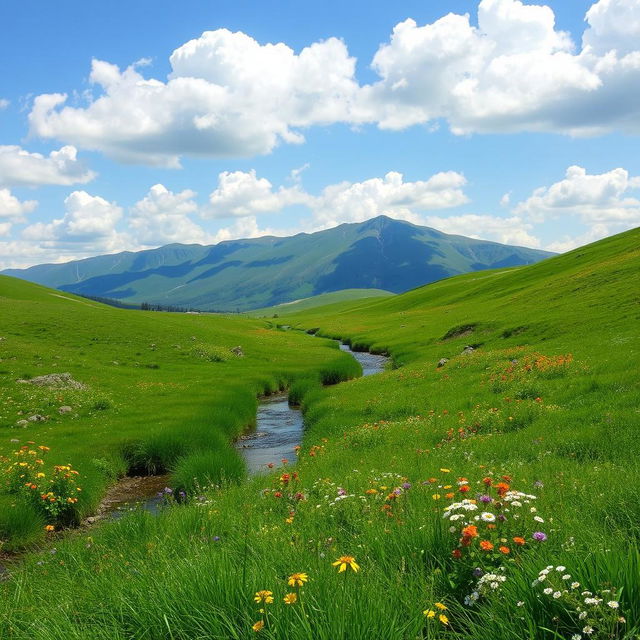 A serene landscape featuring a lush green meadow with colorful wildflowers, a gentle stream flowing through it, and a clear blue sky with fluffy white clouds