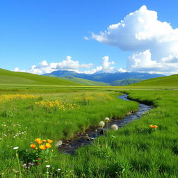 A serene landscape featuring a lush green meadow with colorful wildflowers, a gentle stream flowing through it, and a clear blue sky with fluffy white clouds