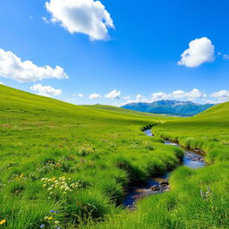 A serene landscape featuring a lush green meadow with colorful wildflowers, a gentle stream flowing through it, and a clear blue sky with fluffy white clouds