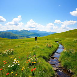 A serene landscape featuring a lush green meadow with colorful wildflowers, a gentle stream flowing through it, and a clear blue sky with fluffy white clouds