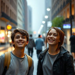 A scene of two young people standing in the rain