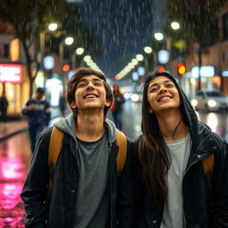 A scene of two young people standing in the rain