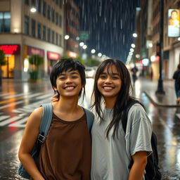 A scene of two young people standing in the rain