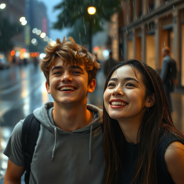 A scene of two young people standing in the rain