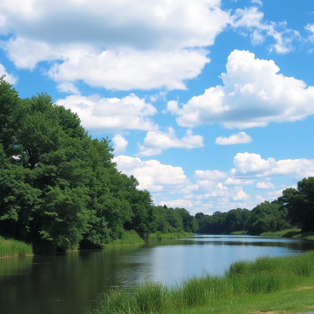 A serene landscape featuring a calm river, lush green trees, and a bright blue sky with fluffy white clouds