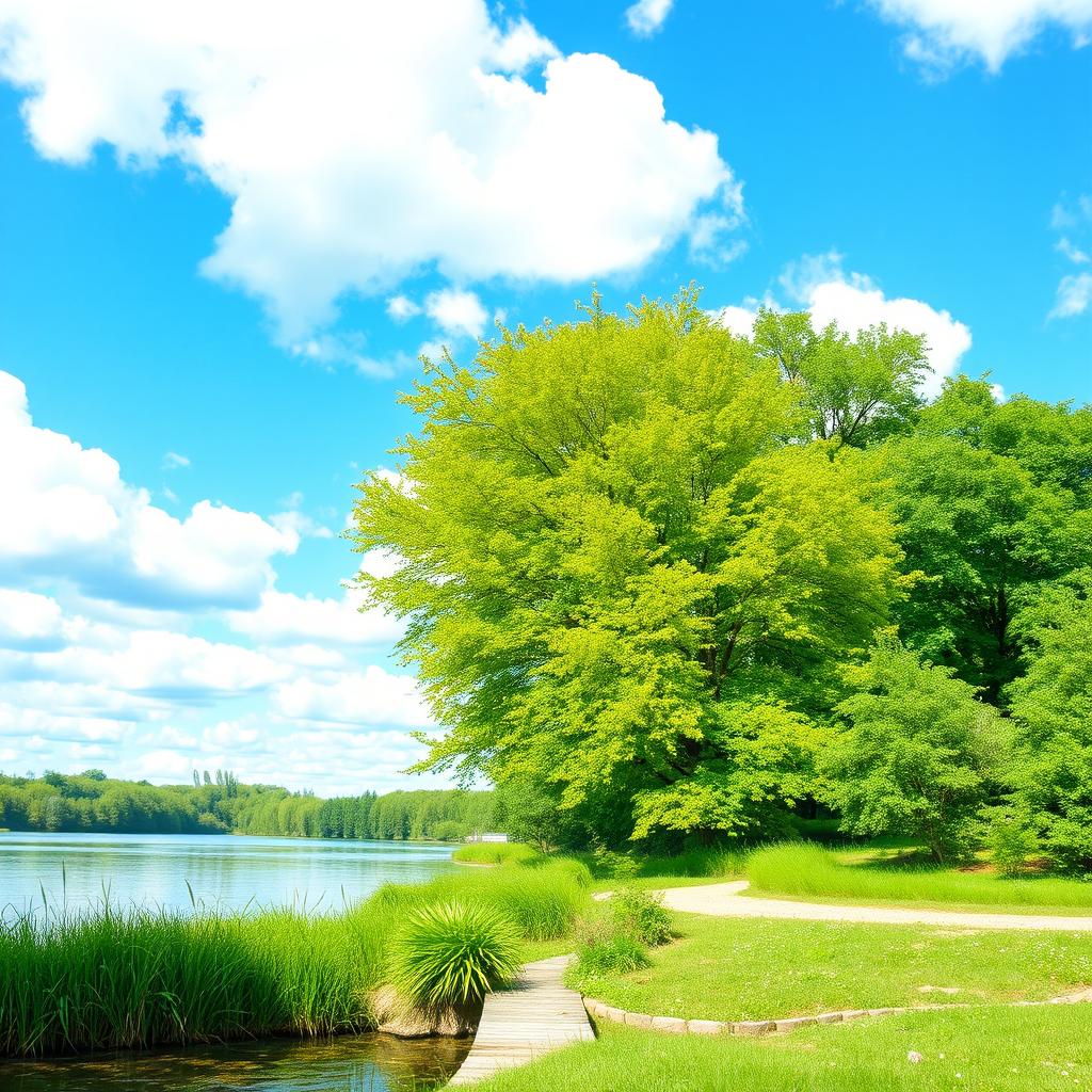 A serene landscape featuring a calm river, lush green trees, and a bright blue sky with fluffy white clouds