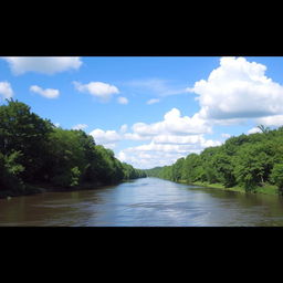 A serene landscape featuring a calm river, lush green trees, and a bright blue sky with fluffy white clouds