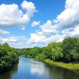 A serene landscape featuring a calm river, lush green trees, and a bright blue sky with fluffy white clouds