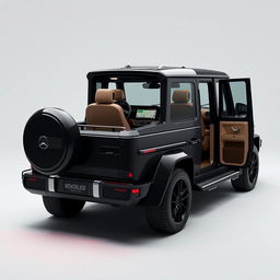 Create an image of a car called Roverland that looks like a Mercedes Benz AMG G63 on the outside but is black in color