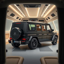 Create an image of a car called Roverland that looks like a Mercedes Benz AMG G63 on the outside but is black in color