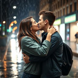 A romantic scene of two young people sharing a kiss in the rain