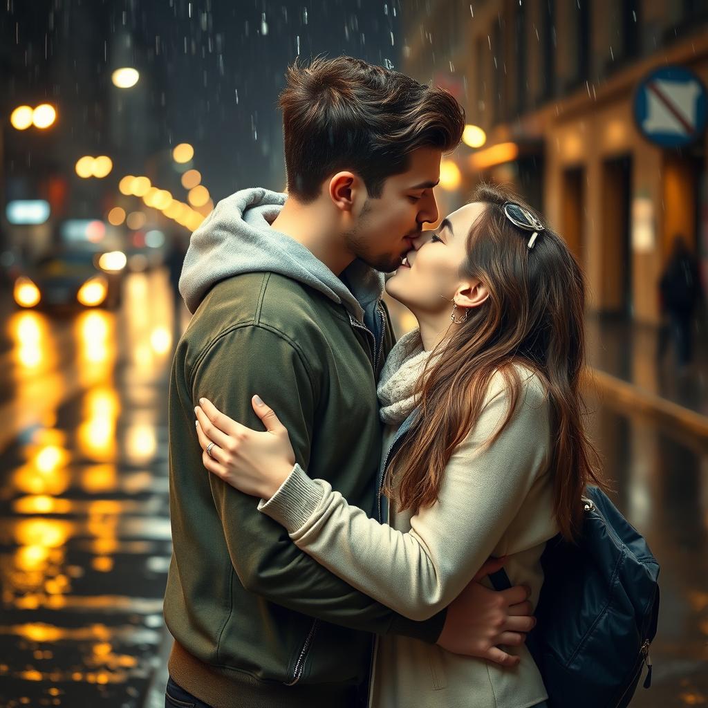 A romantic scene of two young people sharing a kiss in the rain