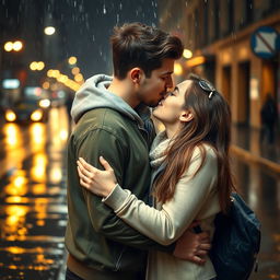 A romantic scene of two young people sharing a kiss in the rain