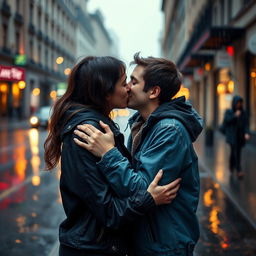 A romantic scene of two young people sharing a kiss in the rain