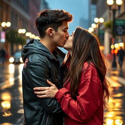 A romantic scene of two young people sharing a kiss in the rain