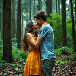 A romantic scene of two young people sharing a kiss in the rain, standing in a forest