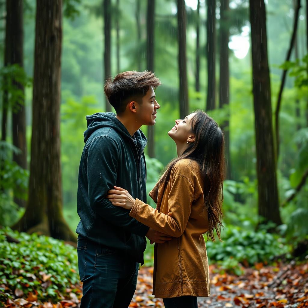 A romantic scene of two young people sharing a kiss in the rain, standing in a forest