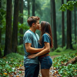 A romantic scene of two young people sharing a kiss in the rain, standing in a forest