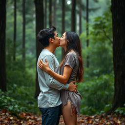 A romantic scene of two young people sharing a kiss in the rain, standing in a forest