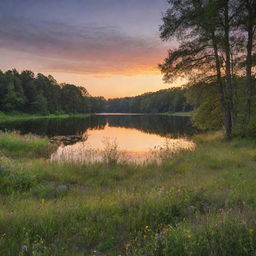 A serene landscape of a glowing sunset over a tranquil lake, with lush, green trees framing the scene and a blanket of wildflowers covering the foreground.