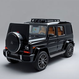 Create an image of a car called Roverland that looks like a slightly bigger version of the Mercedes Benz AMG G63 but is black in color and without the Mercedes Benz logo