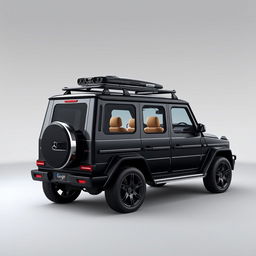 Create an image of a car called Roverland that looks like a slightly bigger version of the Mercedes Benz AMG G63 but is black in color and without the Mercedes Benz logo