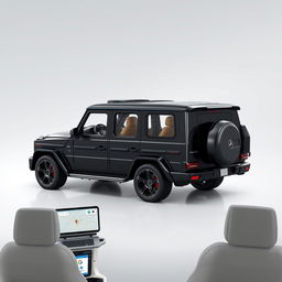 Create an image of a car called Roverland that looks like a slightly bigger version of the Mercedes Benz AMG G63 but is black in color and without the Mercedes Benz logo