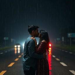 Una pareja dándose un beso bajo la fuerte lluvia en una carretera, de noche