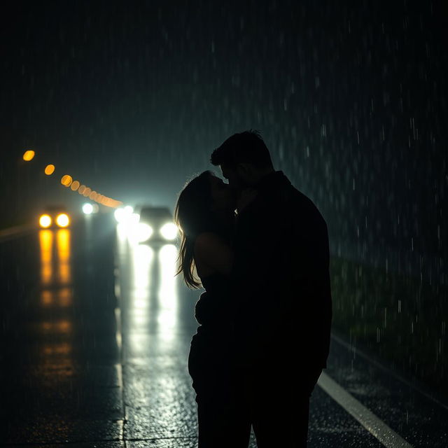 Una pareja dándose un beso bajo la fuerte lluvia en una carretera, de noche