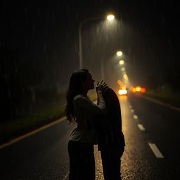 Una pareja dándose un beso bajo la fuerte lluvia en una carretera, de noche