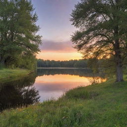 A serene landscape of a glowing sunset over a tranquil lake, with lush, green trees framing the scene and a blanket of wildflowers covering the foreground.