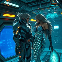 A lesbian sci-fi romance scene featuring a mercenary and a mermaid teaming up to take down an evil corporation that is destroying the planet